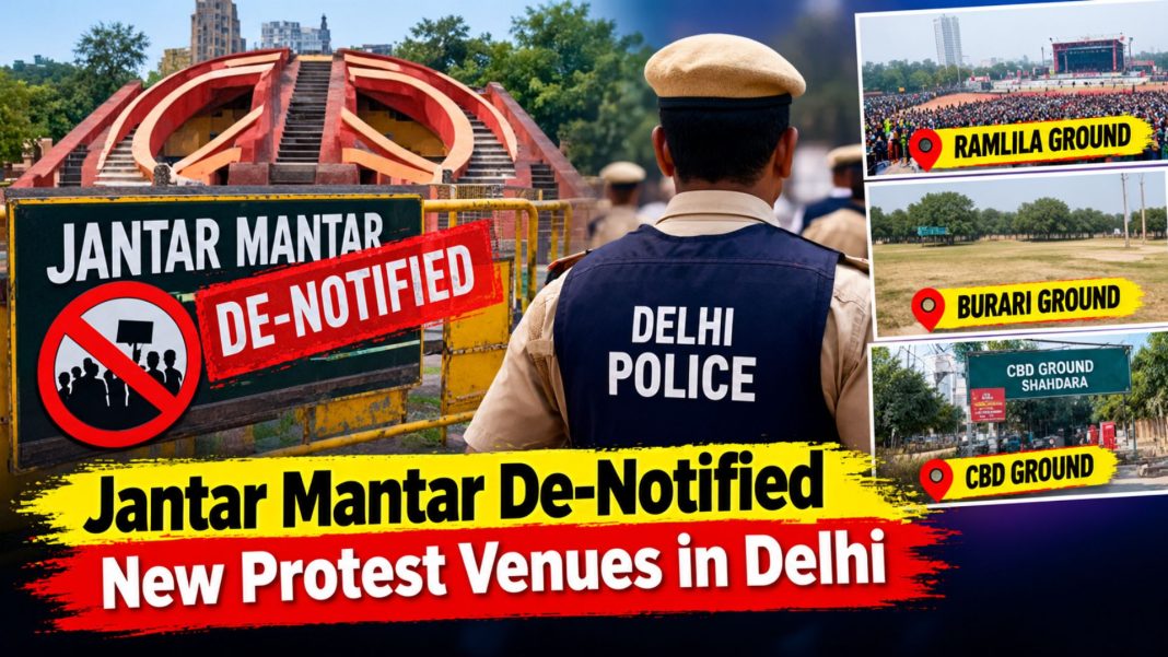 Jantar Mantar De-Notified as Protest Site: In a major administrative shift impacting public gatherings in the national capital, the Ministry of Home Affairs (MHA) has officially de-notified Jantar Mantar in Lutyens’ Delhi as a designated protest site.